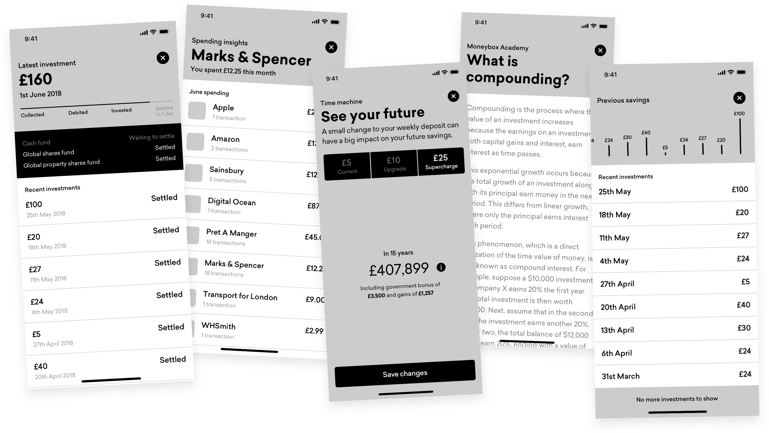 Moneybox Discover tab wireframes